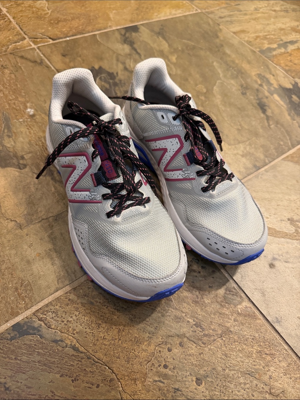 New Balance Kids White and Pink Athletic Sneakers with Blue Accents